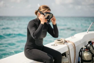 Femme de 50 ans en combinaison de plongée assise sur un bateau, prête à plonger dans une mer turquoise