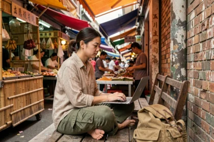 Une femme nomade travaillant sur son ordinateur portable dans un marché animé en Asie, illustrant le style de vie nomade digital