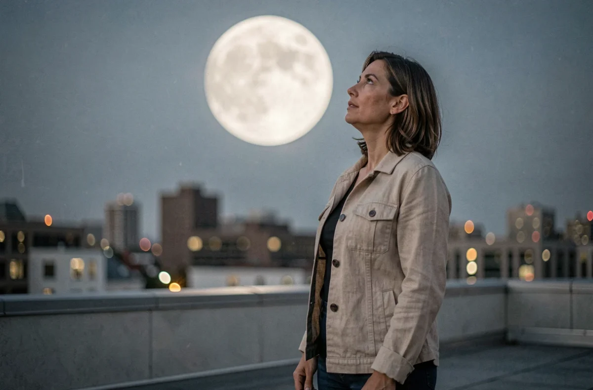 Femme sur un toit urbain observant une super Lune bleue exceptionnellement grande au-dessus de la skyline de la ville la nuit