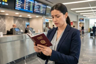 Femme tenant un passeport ouvert à un comptoir d'enregistrement d'aéroport, vérifiant la date de validité avant un voyage en Angleterre