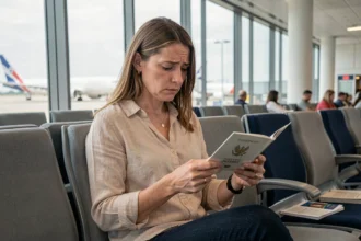 Femme vérifiant l'expiration de son passeport dans un aéroport avant un voyage à Cuba