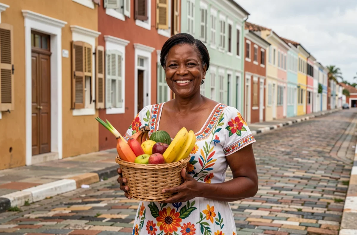 Femme caribéenne en robe fleurie dans les rues colorées de Willemstad à Curaçao, avec les façades coloniales hollandaises en arrière-plan