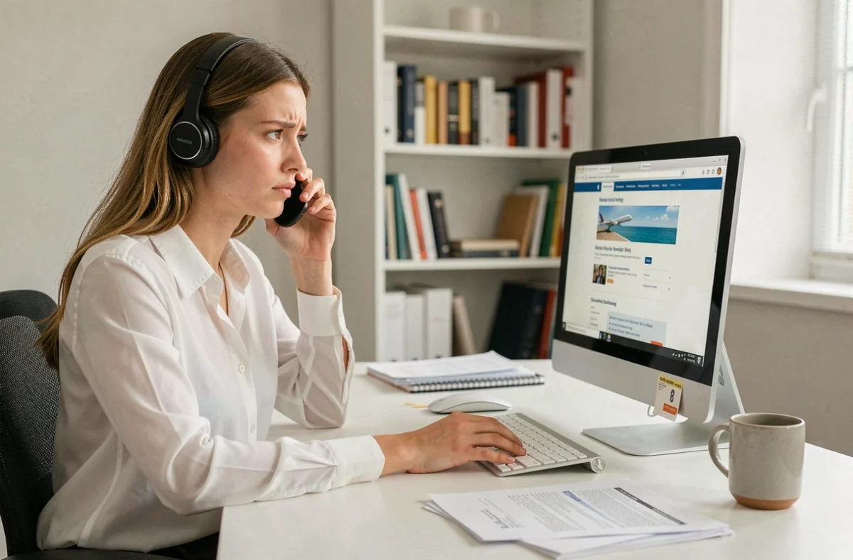 Jeune femme en attente du service client easyJet pour modifier son vol depuis son bureau à domicile