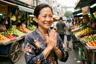 Femme thaïlandaise effectuant le geste traditionnel du wai pour dire bonjour dans un marché de Bangkok