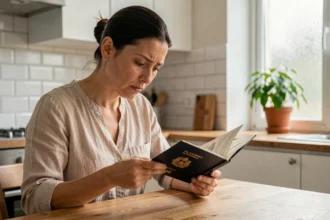 Femme vérifiant la date d'expiration de son passeport avant un voyage, assise à une table en bois dans une cuisine moderne