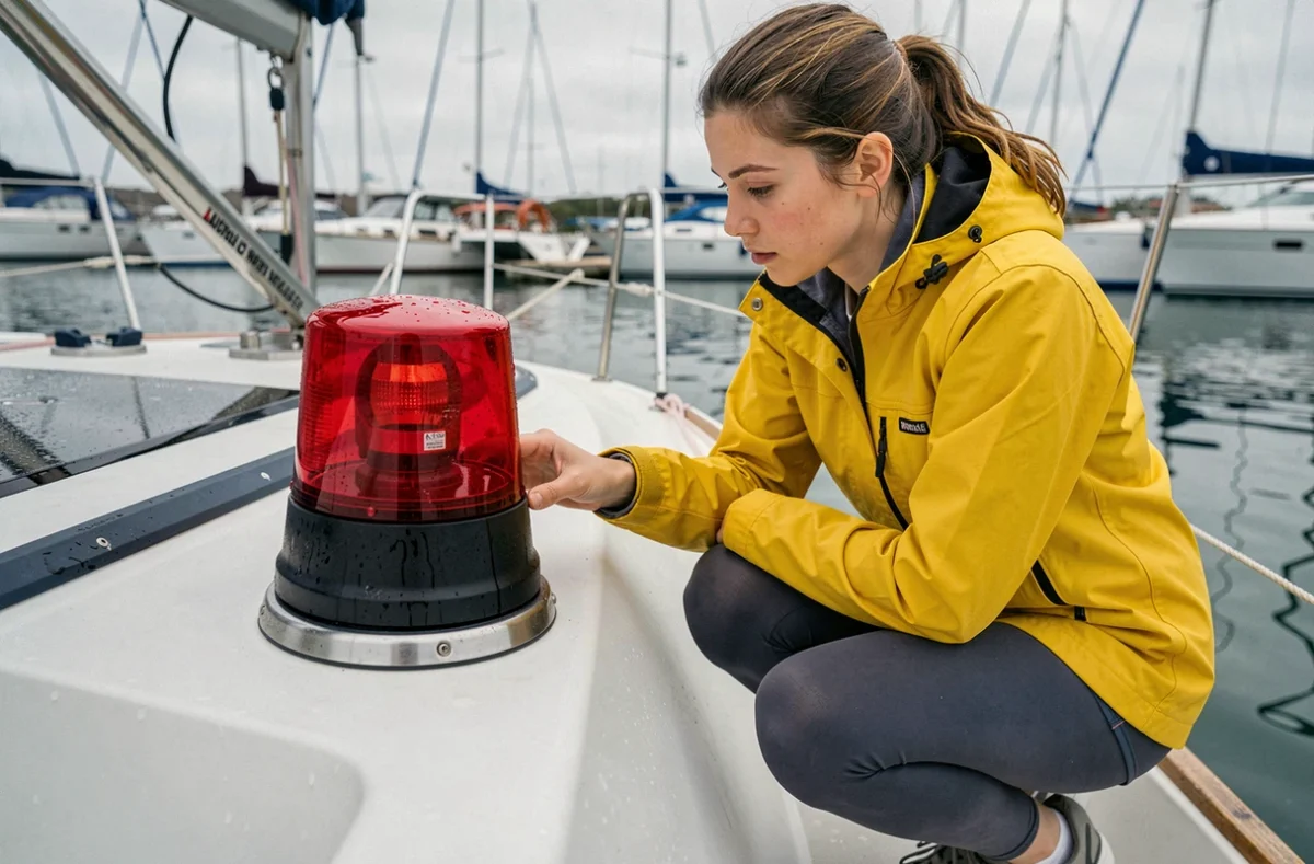 Femme inspecte un feu de navigation rouge bâbord sur un voilier moderne dans une marina