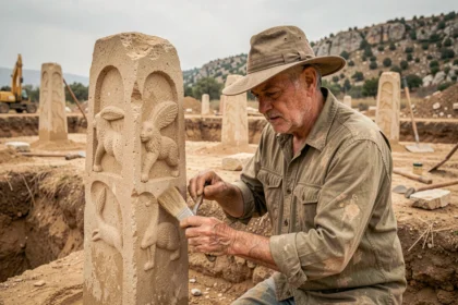 Archéologue brossant un pilier en calcaire sculpté lors des fouilles de Göbekli Tepe en Turquie