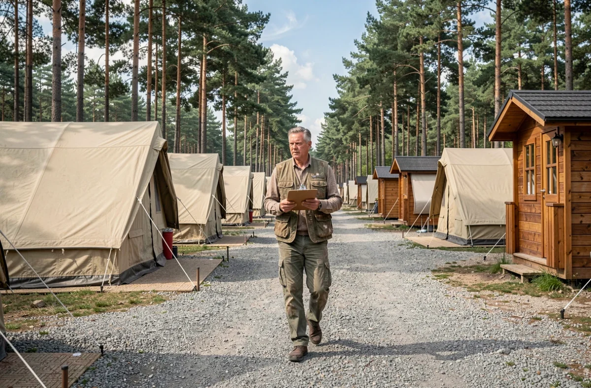 Gérant de camping inspectant les emplacements et les hébergements sur le terrain