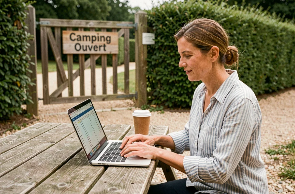 Gérante de camping travaillant sur son ordinateur portable près de l'entrée du camping