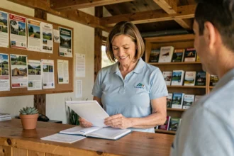 Gérante de camping accueillant des clients à la réception d'un bureau en bois rustique