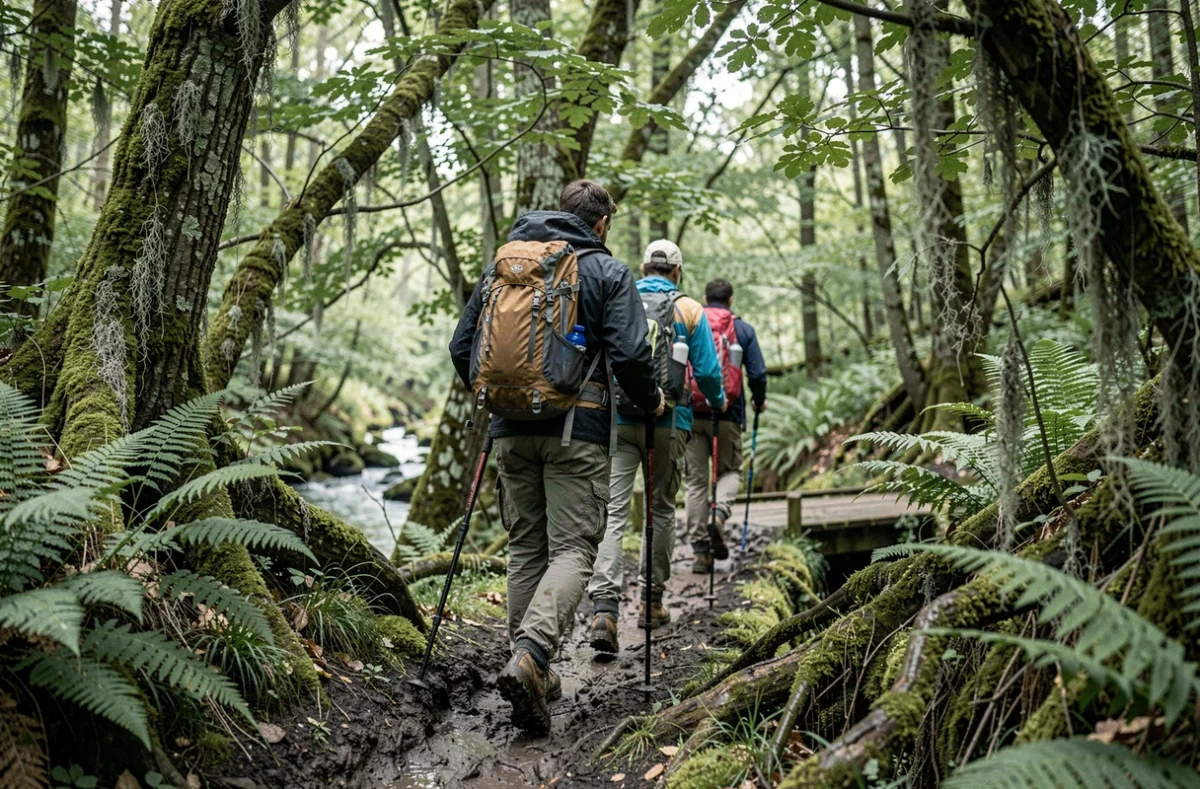 Groupe de randonneurs traversant un pont en bois sur un sentier forestier boueux avec fougères et racines