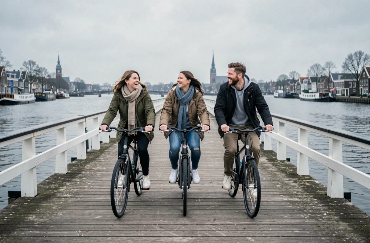 Groupe d'amis faisant du vélo sur le pont Magere Brug à Amsterdam