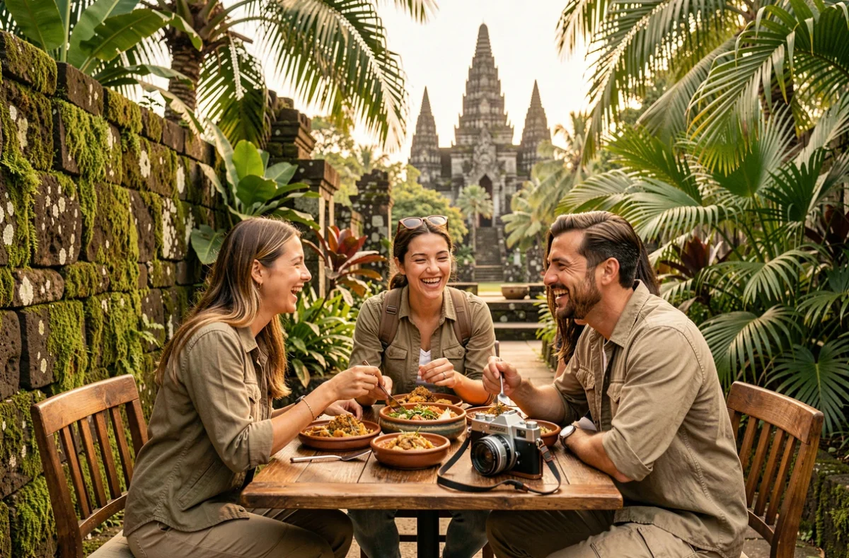 Groupe de voyageurs partageant un repas local dans un café en plein air entouré de ruines tropicales, illustrant les destinations touristiques incontournables du monde