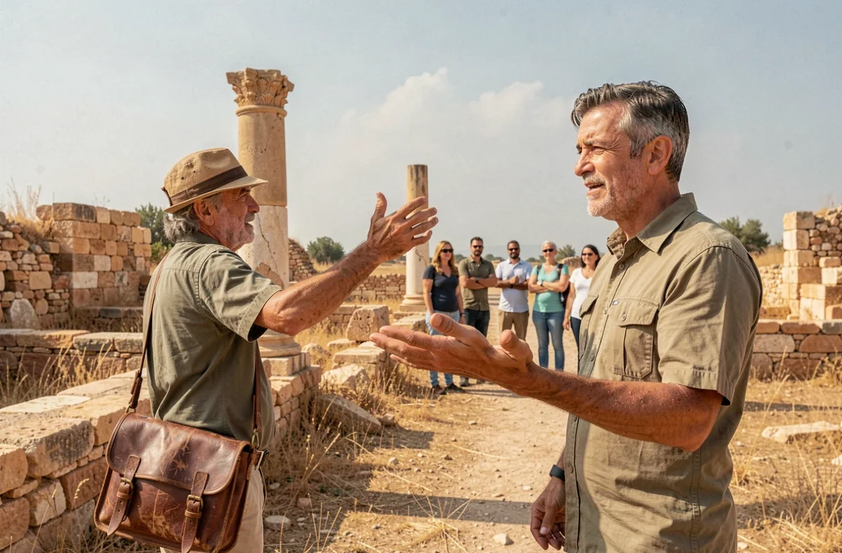 Guide touristique masculin expliquant un site archéologique à un groupe de voyageurs en plein air dans un cadre méditerranéen