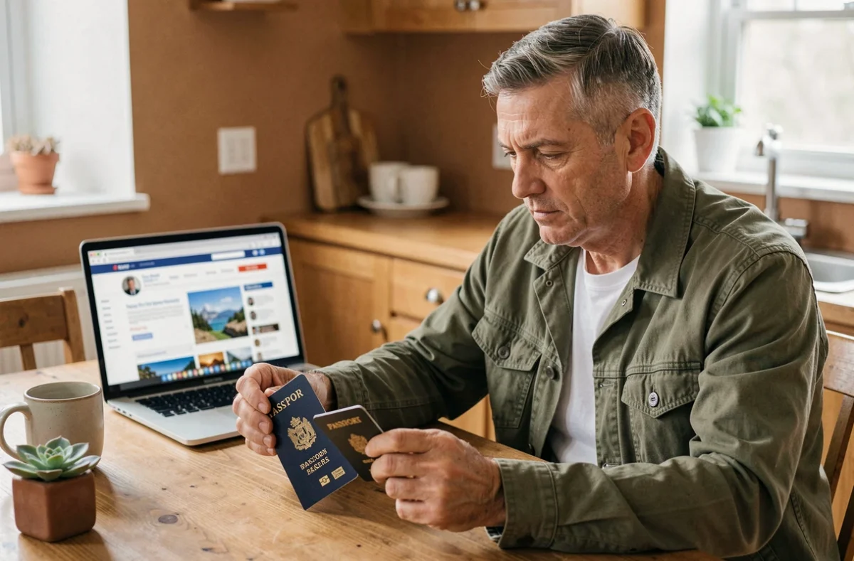 Homme comparant un passeport expiré et un passeport valide sur une table de cuisine avant un voyage en Angleterre