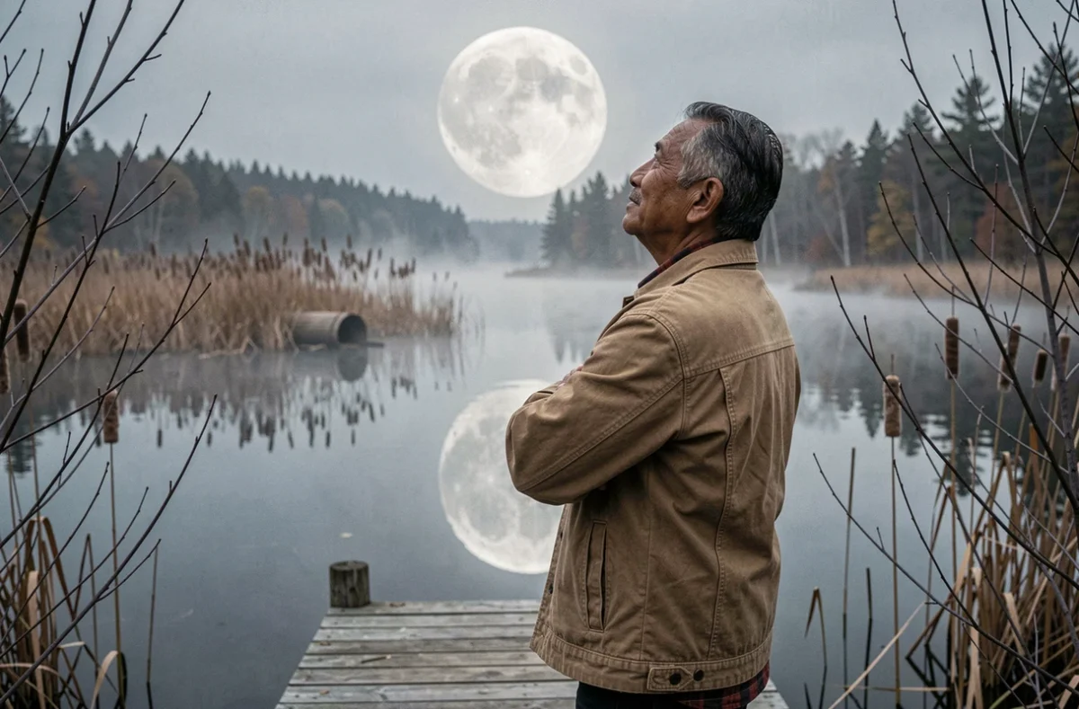 Homme contemplant la lune castor reflétée dans un étang de castor en automne au Québec