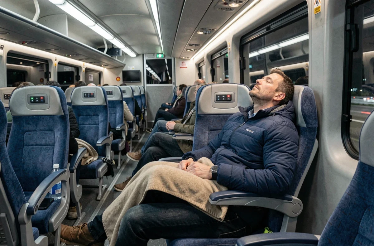 Homme assoupi avec couverture dans un bus de nuit longue distance