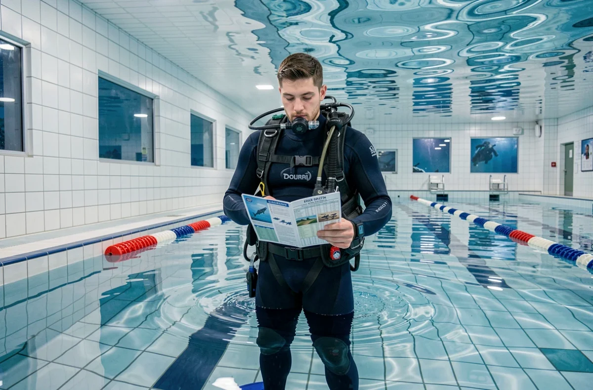 Jeune homme en équipement de plongée dans une piscine d'entraînement professionnelle consultant une table de plongée