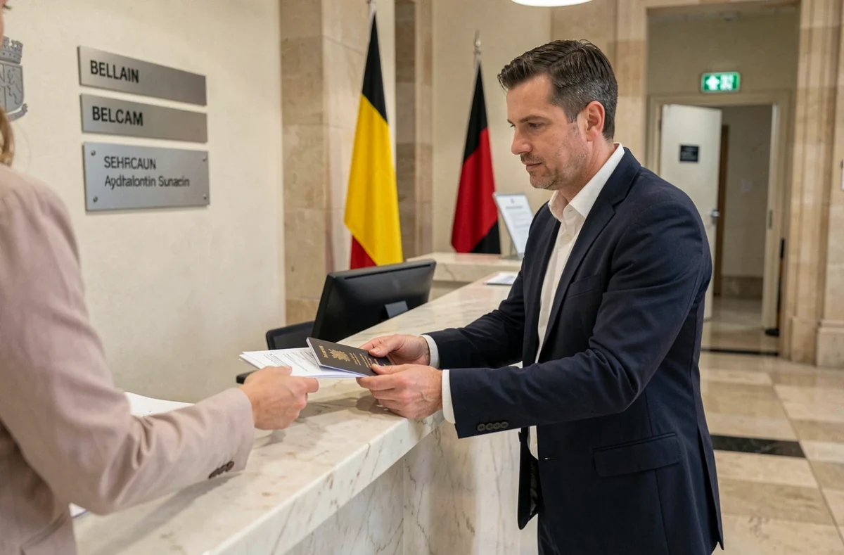 Homme déposant ses documents au guichet du consulat de Belgique