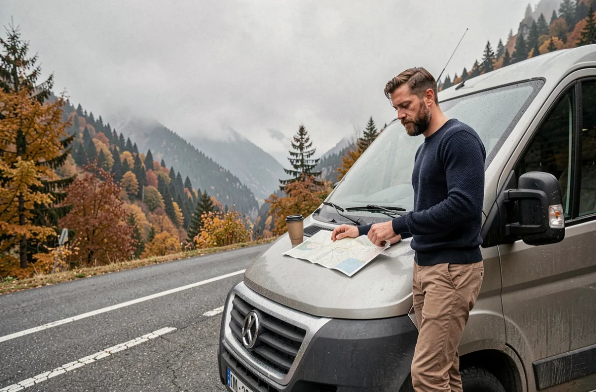 Un homme nomade consultant une carte routière près de son van aménagé sur une route de montagne en automne, représentant la liberté de vie nomade