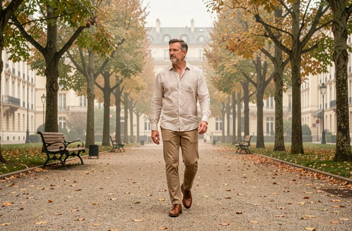 Homme en promenade décontractée sur une allée gravillonnée dans un parc urbain en automne