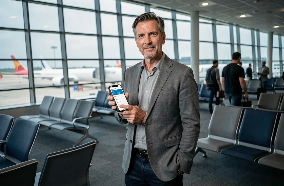 Homme consultant une confirmation de réservation sur smartphone dans un aéroport