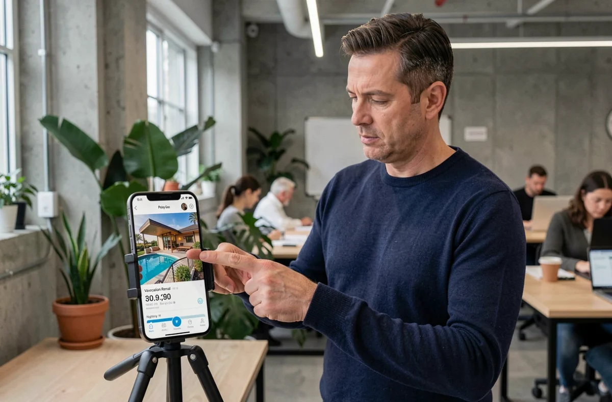 Homme analysant le simulateur de tarif Airbnb sur une application mobile dans un espace de coworking