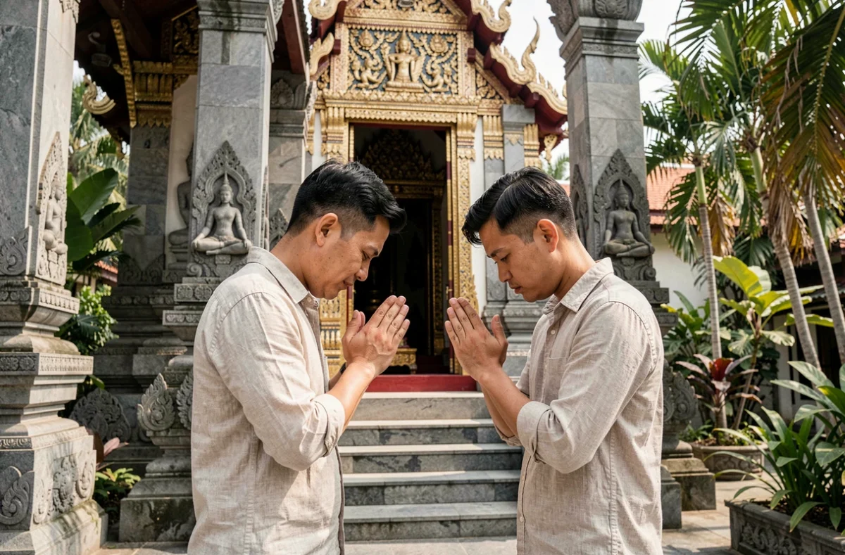 Deux hommes thaïlandais échangeant le salut traditionnel wai devant un temple bouddhiste en Thaïlande
