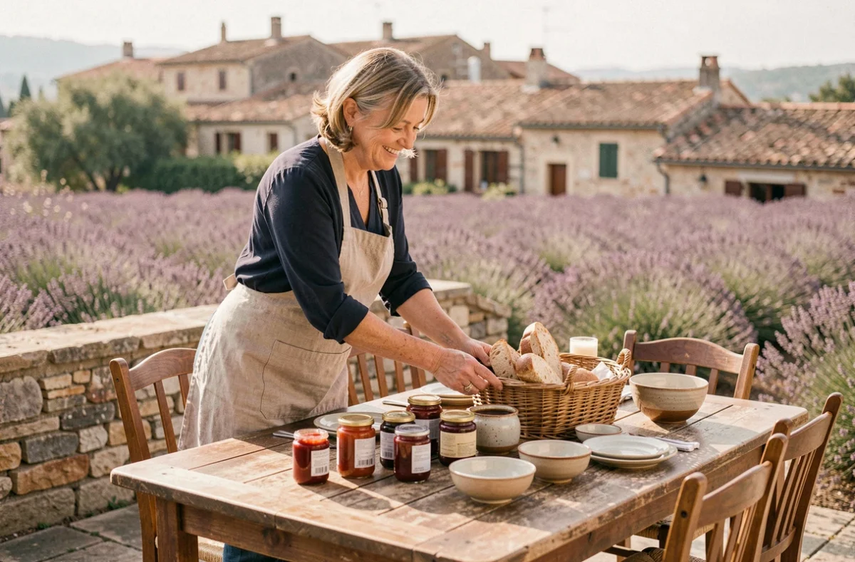 Hôtesse d'une chambre d'hôtes provençale dressant le petit-déjeuner sur une terrasse en pierre avec vue sur les lavandes