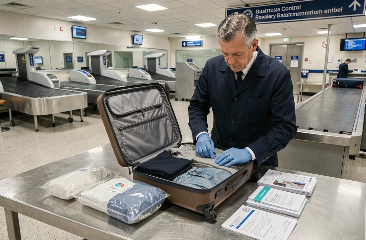 Agent des douanes inspectant les bagages ouverts d'un voyageur sur une table de contrôle dans un aéroport