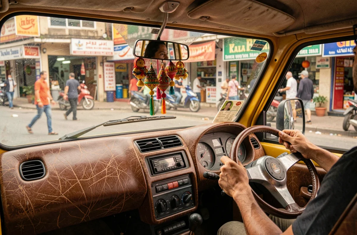 Intérieur d'un tuktuk avec tableau de bord décoré et autocollant de tarif, illustrant le coût d'utilisation d'un tuktuk