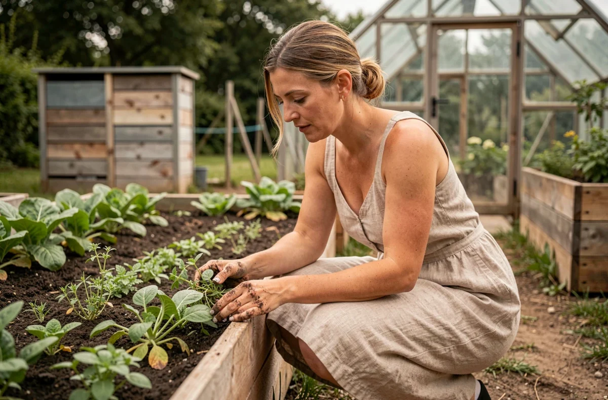 Femme examinant des herbes aromatiques dans le potager biologique d'un complexe hôtelier écologique, jardin en permaculture