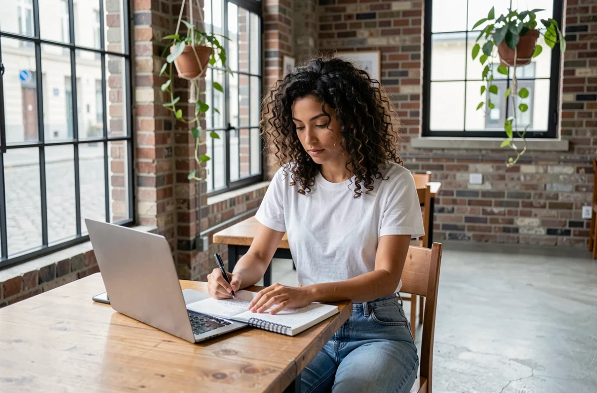 Une jeune femme nomade prenant des notes dans un espace de coworking industriel européen, symbolisant le travail à distance et le nomadisme moderne