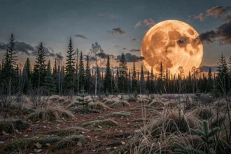 Pleine lune castor orange se levant au-dessus d'une forêt boréale en automne au Canada