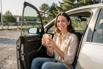 Femme mangeant un sandwich fait maison lors d'une pause road trip au bord de la route