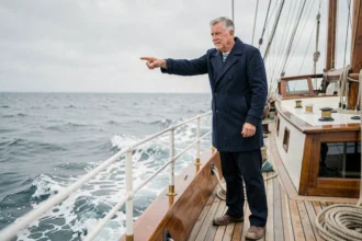 Marin expérimenté pointant le côté tribord d'un voilier en bois en pleine mer