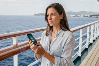 Femme sur le pont d'un bateau de croisière activant le mode avion sur son smartphone face à l'horizon maritime