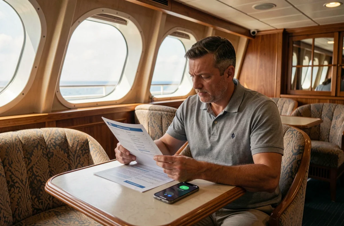 Homme dans le salon d'un paquebot consultant un guide de connectivité avec le mode avion activé sur son téléphone