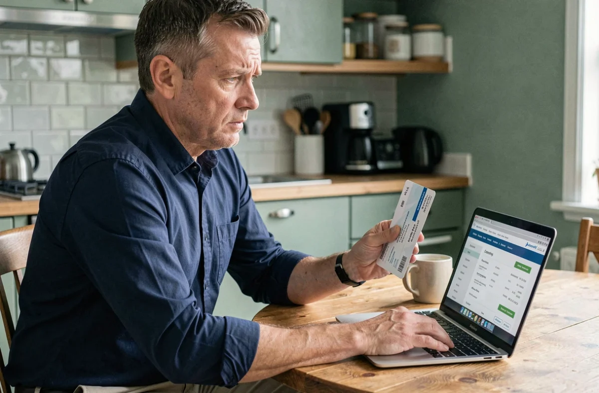 Homme assis à une table de cuisine consultant un site de réservation de billet en ligne tout en tenant un billet papier pour un échange de nom