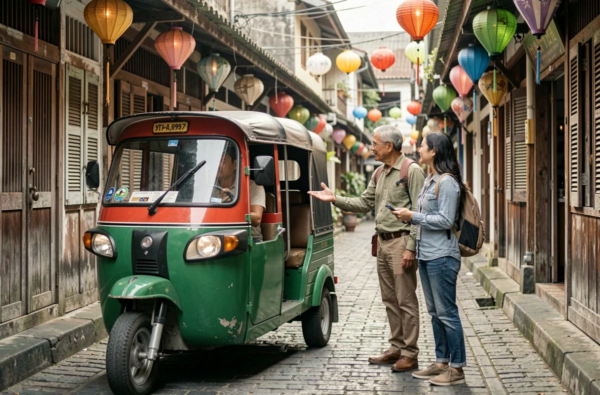 Négociation du prix d'une course en tuktuk dans une ruelle thaïlandaise entre un chauffeur et des touristes