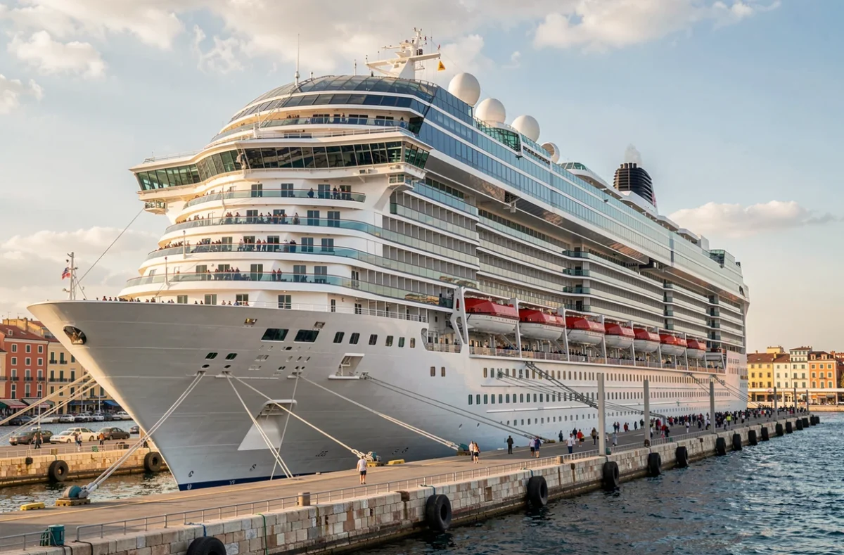 Vue extérieure d'un grand navire de croisière amarré au port montrant plusieurs niveaux de ponts