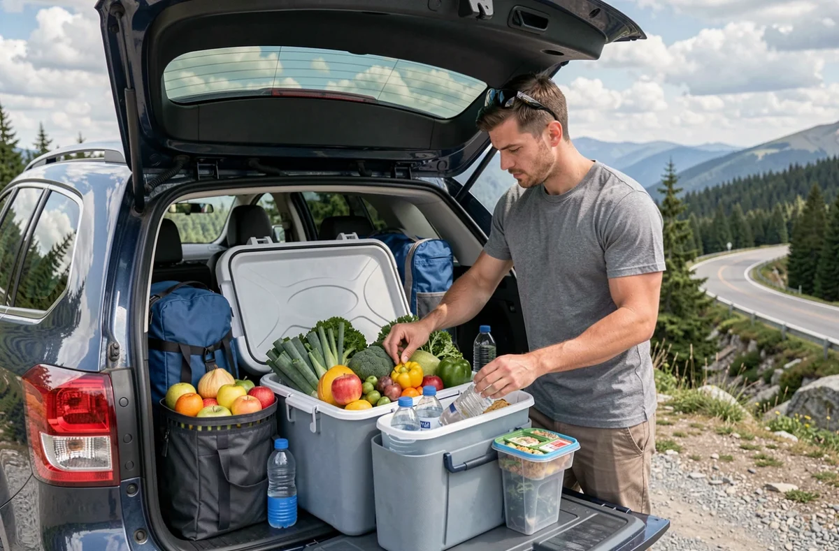 Homme organisant ses repas dans une glacière au coffre d'un SUV lors d'un road trip en montagne