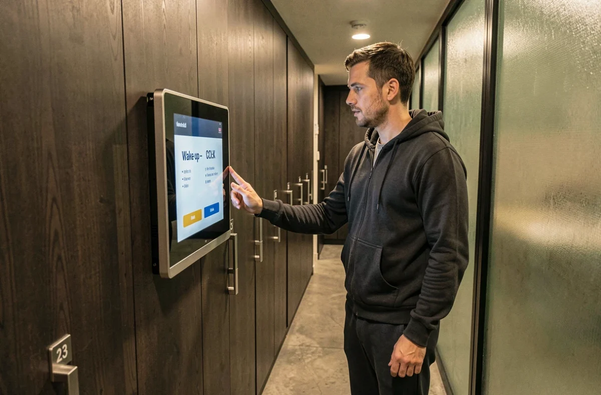 Voyageur configurant un réveil sur un panneau tactile dans le couloir d'un hôtel capsule moderne