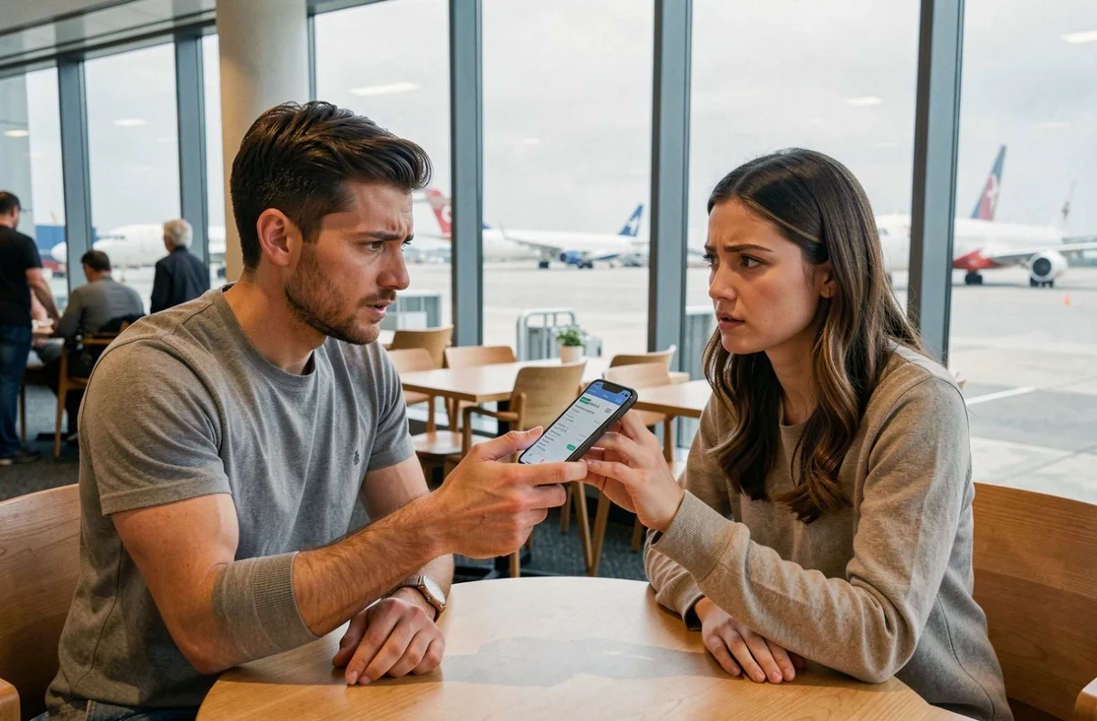 Deux amis dans un salon d'aéroport regardant une réservation de vol sur un smartphone, symbolisant le transfert ou le partage d'un billet d'avion