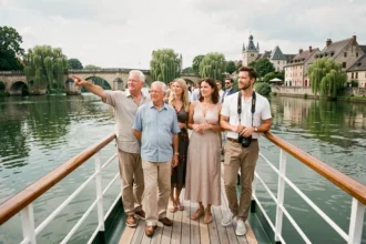 Groupe de passagers de différents âges sur le pont d'un bateau de croisière fluviale en Europe