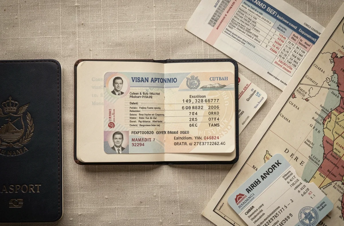 Passeport ouvert sur la date d'expiration avec documents de voyage pour Cuba en vue aérienne