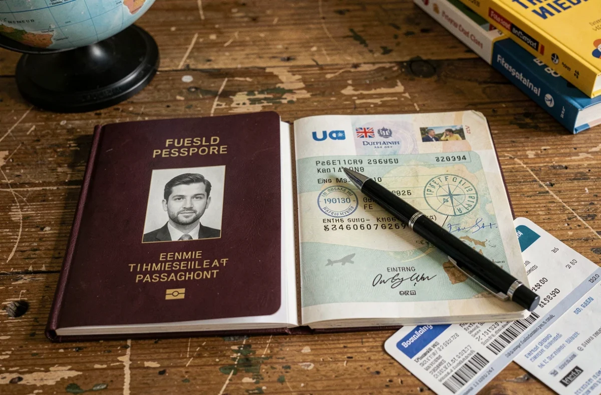 Vue de dessus de deux passeports ouverts avec une carte d'embarquement sur un bureau en bois, illustrant la vérification de validité pour voyager en Angleterre