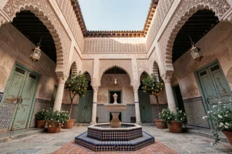 Patio central d'un riad marocain traditionnel avec fontaine en marbre, zellige géométrique et ciel ouvert au-dessus de la cour intérieure