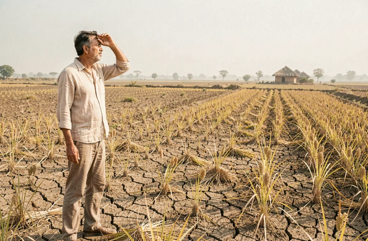 Agriculteur regardant un champ de culture desséché dans une région rurale aride d'un pays pauvre, symbolisant l'insécurité alimentaire et la pauvreté extrême