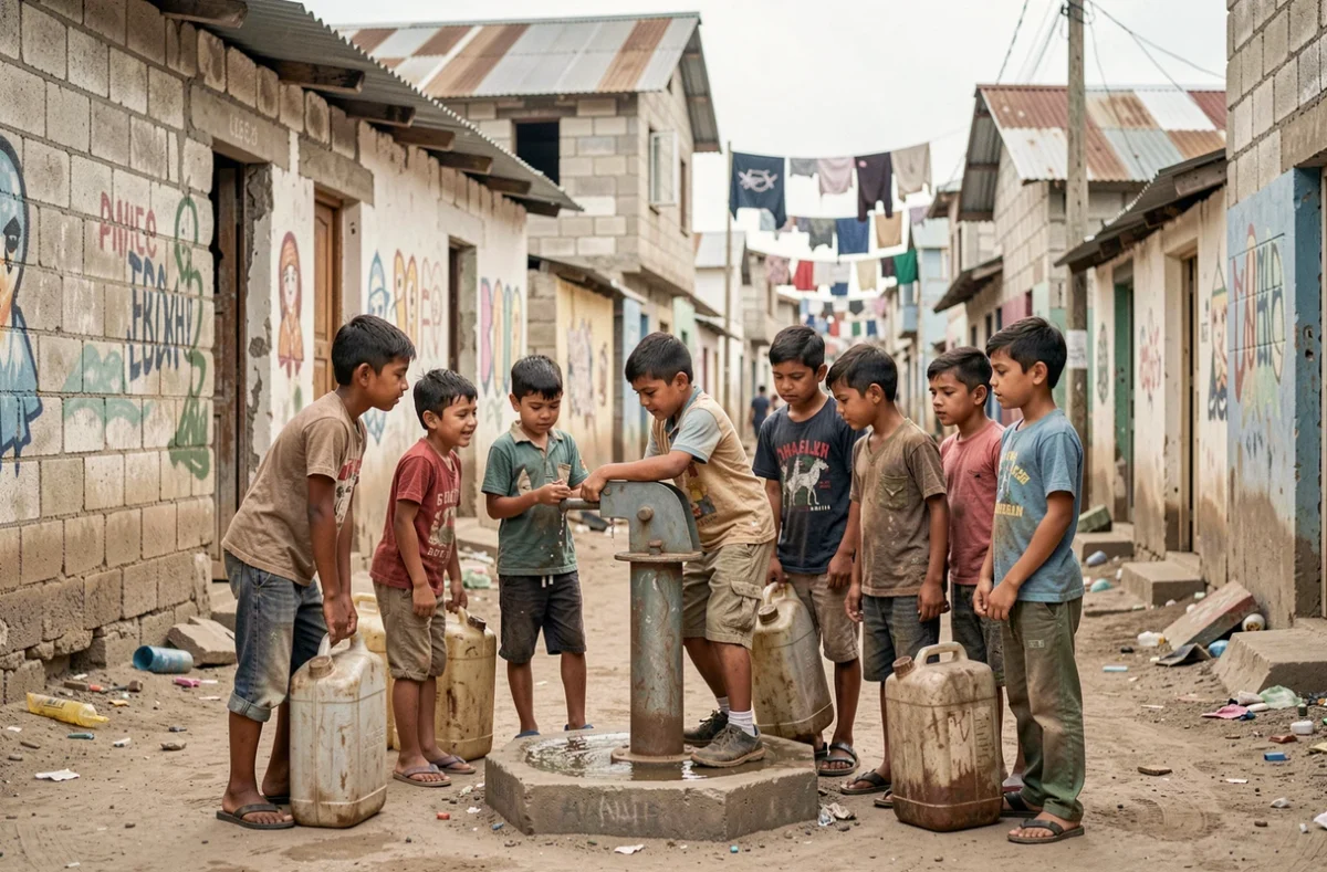 Groupe d'enfants utilisant une pompe à eau communautaire dans un quartier urbain défavorisé d'un des pays les plus pauvres du monde